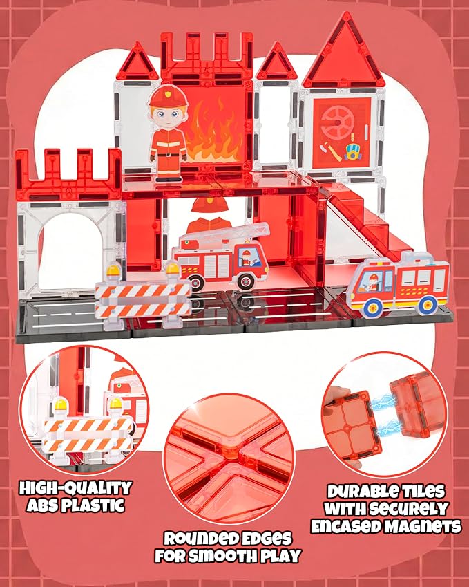 Large Magnetic Tiles for Kids, STEM Toys Building Set, Age 3+,37 Piece | Fire Rescue Magnetic Tiles Building Blocks with Rescue Scene Pieces, Firefighter Elements, Ideal Gift for Boys and Girls