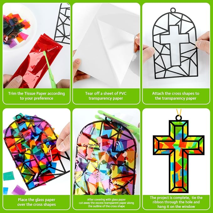Lonfliness 32 Set Cross Suncatchers Craft DIY Religious VBS Window Stain Glass Effect Paper Christian Home Sunday Easter Decorations Art Craft Creative Activity Project Gift Favor