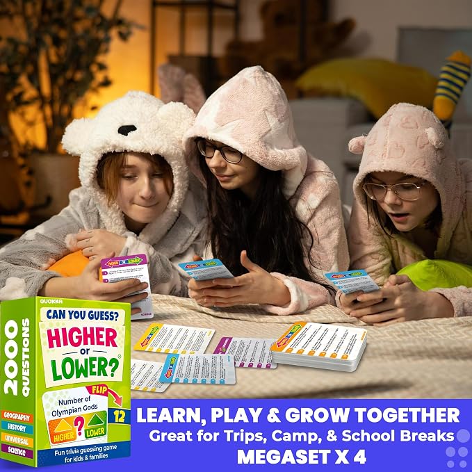 QUOKKA Trivia Board Games for Kids and Adults – 4xSET Family Board Games for Game Night – Higher or Lower Trivia Cards for Kids 8-12 - Challenge History, Science, Geography & More for Families & Teens