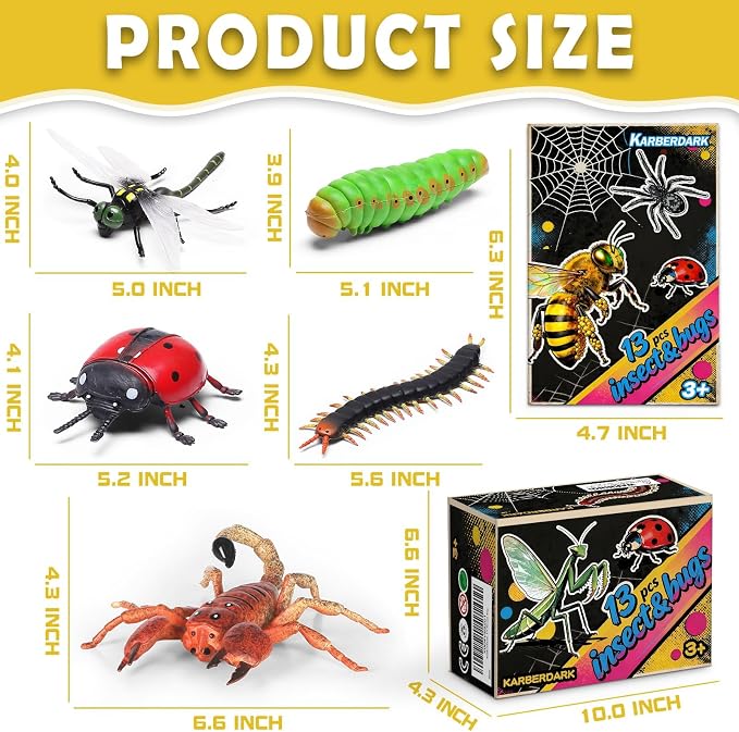 13 Pcs Realistic Insect Toys with Education Booklet and Gift Box, Fake Bugs | Plastic Bugs for Halloween, Party Decoration, Sensory Bin, Creepy Crawlers Toys for Toddler Boys Girls Age 3-5 5-7