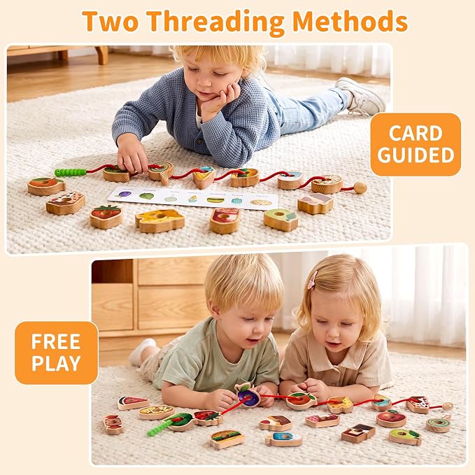 Wooden Greedy Caterpillar Lacing Toy, Fine Motor Game, Ages 2-5 | 18 fruit and vegetable beads, 8 pattern cards, storage bag and box for lacing, sorting, matching, and travel play