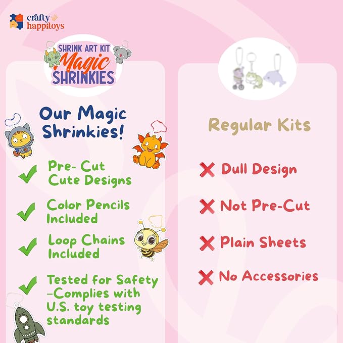 Shrink Art Kit - Color & Bake 30 Pre Cut Charm Sheets into Kids Keychains | Kids color 30 pre-cut shrink plastic charms, bake & watch them shrink into keychains - 10 colored pencils included