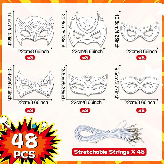 chiazllta 48 Pcs Color Your Own Super Theme hero Mask Craft DIY Hero Paper Mask Kits for Kids Father's Day Halloween Christmas Gifts Super Party Favors Decorations Class Home Activity Coloring Game