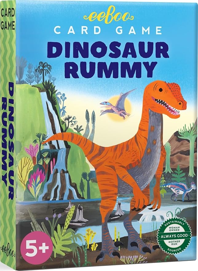 eeBoo Dinosaur Rummy Playing Card Game, 50 Cards, Ages 5+, 3+ Players | Builds strategic thinking & decision-making. Includes 50 laminated, dinosaur themed cards. A kid friendly Gin Rummy variant