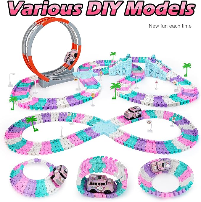 Coroiesty 215 PCS Unicorn Race Tracks for Kids Toys with 360° Loop Ramp | Glow in The Dark Magic Toy Set, 1 Unicorn Car Track, Flexible DIY Track Set, Birthday Gift for 3-9 Year Old Boys Girls