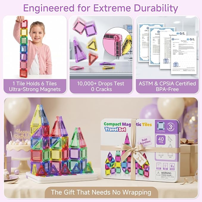 Magnetic Tiles for Kids Travel: 40pcs Portable Mini Building Toy | 30-Sec Iron Case Opens Into 10.6-Inch Play Board - STEM Gift for Toddlers Ages 3-6 - Airplane Road Trip Restaurant