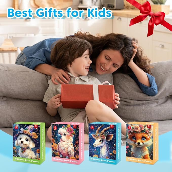 4 Packs 100 Piece Puzzles for Kids Ages 4-6, Jigsaw Puzzles for Kids Ages 6-8 8-10 Adorable Animals Puzzles 100 Pieces for Senior Search and Find Learning Educational Toys for Boys and Girls