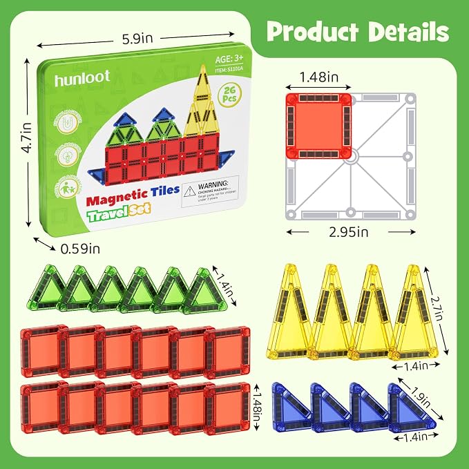 Mini Magnetic Tiles Travel Toys: 26PCS Set,Iron Storage Box,Car Activities | Portable Mini Building Blocks, Case Opens Into 9.4-Inch Play Board, Airplane, Road Trip & Outdoor Play for Toddlers Ages 3-8