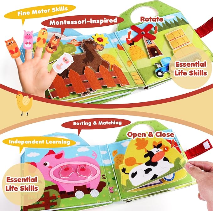 Busy Board for Toddler, Montessori Toys Farm Animals Busy Book for 2-4 Year Old Boy Girl, Quiet Activity Books Gift for Kid, Felt Busy Learning Toy for Toddlers, Car Airplane Travel Toys