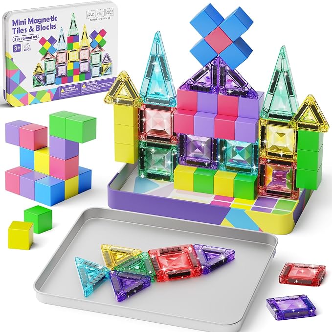 Magnetic Blocks Travel Set: 48 Pieces 3 in 1 Magnetic Tiles Set | Ultra-Lightweight Tin Box, 60-Min Focused Play, 45S Cleanup, on-the-Go Design, Air Travel, Great for Boys & Girls 3-8