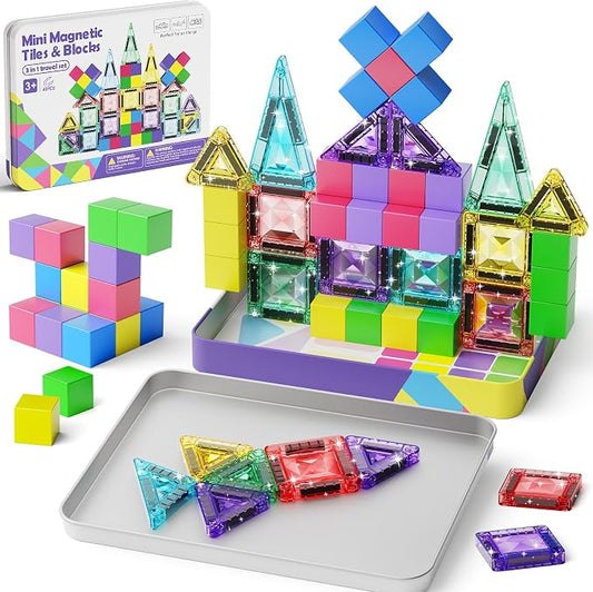 Magnetic Blocks Travel Set: 48 Pieces 3 in 1 Magnetic Tiles Set | Ultra-Lightweight Tin Box, 60-Min Focused Play, 45S Cleanup, on-the-Go Design, Air Travel, Great for Boys & Girls 3-8