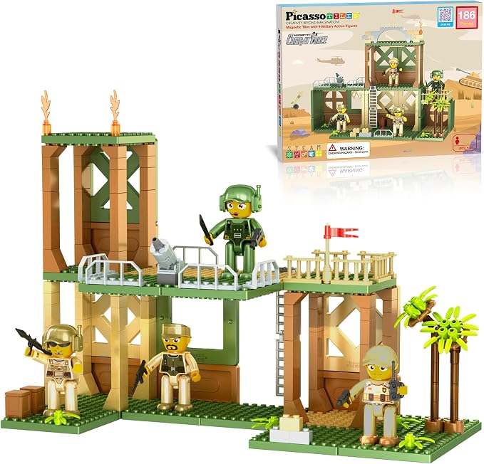 PicassoTiles Magnet Tile Building Brick Blocks Military Combat Force Theme Magnetic Tiles Construction Block Playset 4 Character Action Figures with Weapons Interlocking Bricks STEM Toy Ages 3+ PTL18