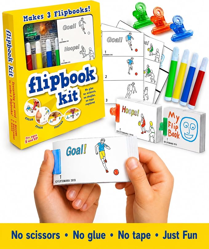Fliptomania Flipbook Make-Your-Own Flip Book Kit for Kids 3 Pack, soccer, Basketball , & Blank DIY Flipbook Paper, Drawing Kids Arts & Crafts Project Set, Arts and Crafts for Kids Ages 8-12
