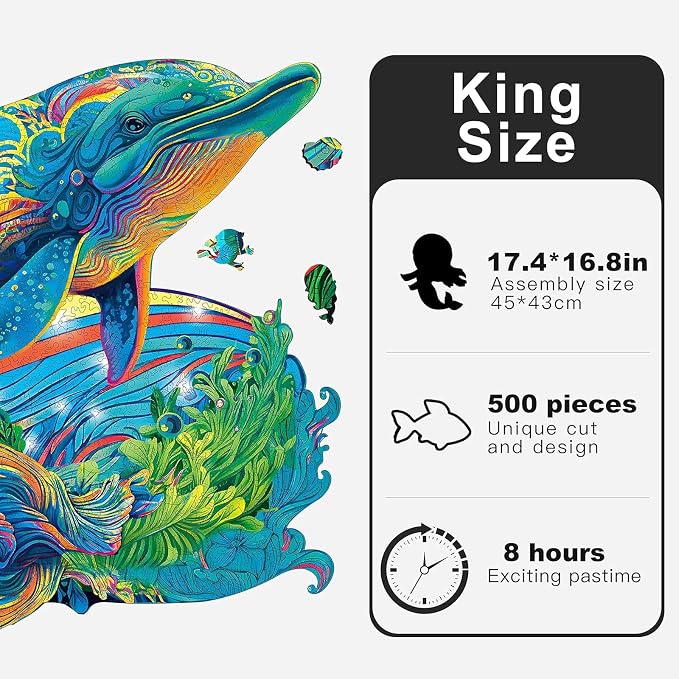 Mys Aurora Wooden Puzzles, Dolphin Jigsaw Puzzles 500 Pieces | Unique Shaped Wooden Puzzles for Adults and Kids, Family Game 17.3 x 14.8 Inch