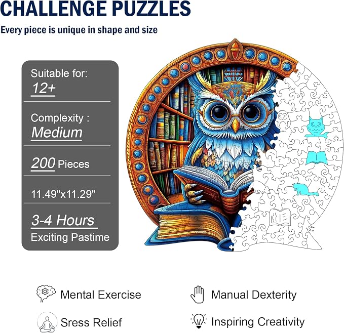 Unique Wooden Puzzles for Adults, Book Owl Puzzle 200 Pieces, Animal Shaped Wood Puzzles Adult, Wooden Jigsaw Puzzles for Adults, Family Games for Kids and Adults