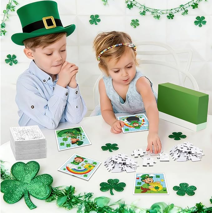 Fennoral 24 Pack St Patrick's Day Craft Kit for Kids Color You Own St Patrick's Day Jigsaw Puzzle DIY Coloring Art and Craft for Irish Classroom Art Activity Patrick's Party Favor Supplies