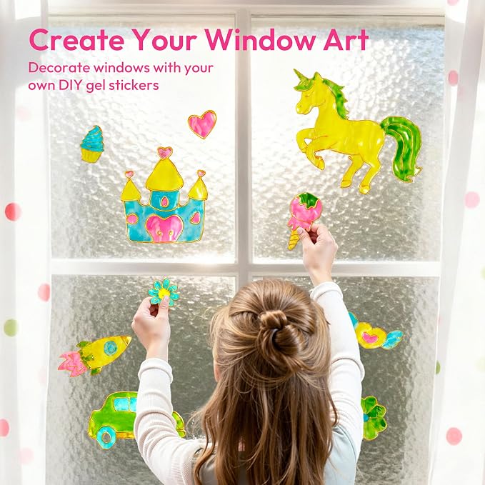 JOVA Klever Kits Gel Art Drawing Board- Window Craft and Stickers, Arts and Crafts for Kids 6 7 8 9 10, Window Clings Making Kits with 2 Tracing Pens and Storage Case, Educational Gifts for Kids