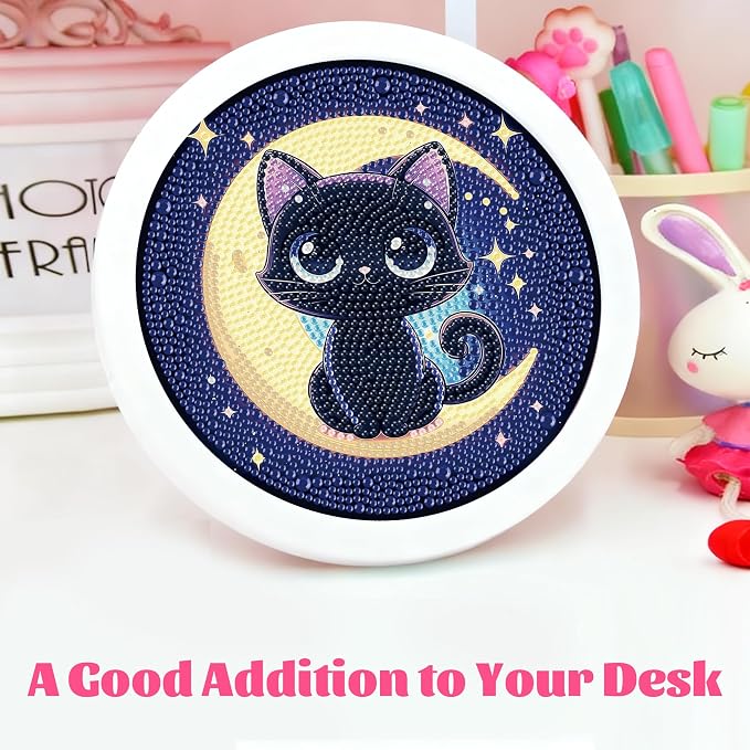 Gemozaic Cat Diamond Art Kits for Kids Ages 6-8-12, Round Frame, 8 x 8 Inch | Black Cat Diamond Art for Kids 6 8 10 12 Year Old, Easy Kid Gem Painting, Cute Animal Arts and Crafts for Girl Birthday Gift