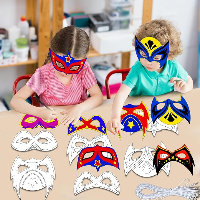 chiazllta 24 Pcs Color Your Own Hero Mask Crafts Hero Party Favors for Kids DIY Super Paper Mask Making Kits Father's Day Decorations Class Home Activity Coloring Game