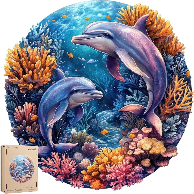 Qiuenisray Wooden Puzzles for Adults, Dolphins Jigsaw Puzzles 200 Pieces | FSC Certified Unique Shape Ocean Puzzles 11.2x11.2 in, Beautiful Decor, Unique Wood Puzzle, Creative Gift for Family Game