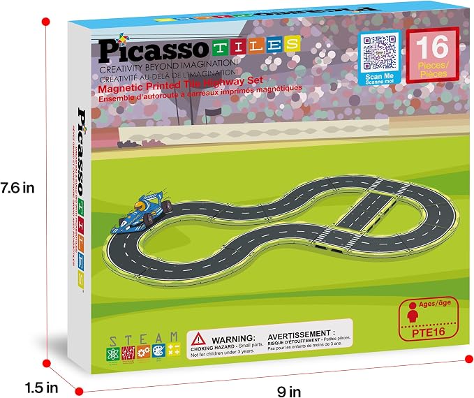 PicassoTiles Magnetic Building Tiles Car Track Magnet Vehicle Adventure Theme Printed Street Road Runway Speedway Highway Block Construction Expansion Add-on Education Learning Toys for Kids 3+ PTE16