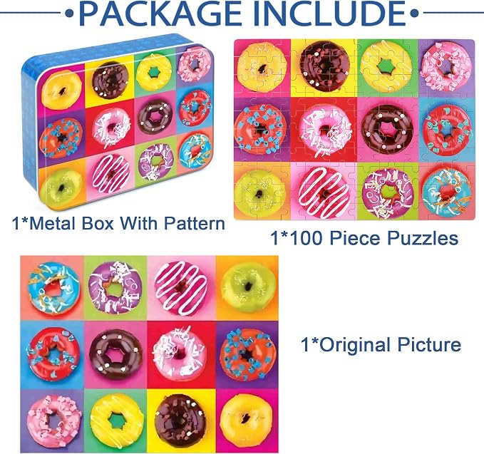 LELEMON Puzzles for Kids Ages 4-6,100 Piece Puzzles for Kids in Metal Box | Donut Puzzle Educational Kids Puzzles Jigsaw Puzzles for Kids Ages 6-8,100 Piece Puzzle Games Toys for Girls and Boys