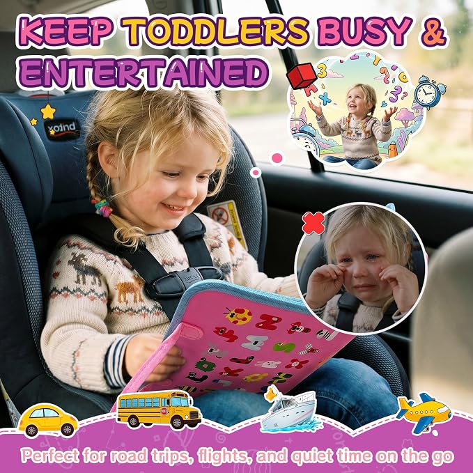 Montessori Busy Board for Toddlers 1-3, 4 Pages 15+ Activities Sensory Toy, ABC Numbers Colors Learning, Toddler Quiet Book Travel Toy, Preschool Educational Gift for Boys Girls, Pink Mermaid