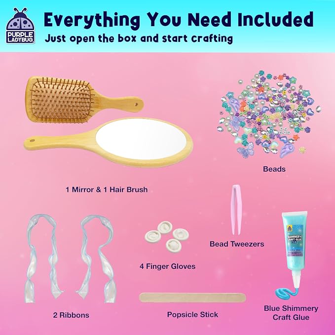Decorate Your Own Wooden Hairbrush and Handheld Mirror Craft Kit | DIY Kits for Kids, Princess Mirror, Bedazzling Gems and Beads, Gift for Girls, Screen Free Activity for Girls Ages 6-12