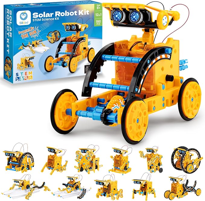 Sillbird Solar Robot Building Kit, 12-in-1 DIY STEM Gift for Boys Aged 8-13 | Powered by the Sun, Educational Robotics Set, Birthday Presents for Kids, Learn Through Solar Power Play, 190 Pieces