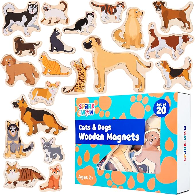 Spark & Wow Wooden Magnets, Cats & Dogs, Set of 20 | Magnets for Kids Ages 2+, Open-Ended Play, Adhere to Fridges, Whiteboards and More