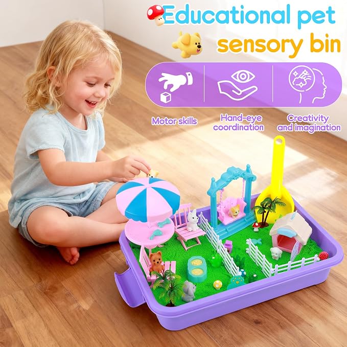 Mikiwon Pet Sensory Bin, Dog Sandbox Play Sand Art Kit with 1.1lbs Sand, Pet Care Sand Set, Sensory Play for Girls Boys Age 3+, Role Pretend Play Beach Toy for Kids Xmas Birthday Gifts