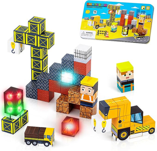 Magnetic Blocks 45 pcs Travel Toys for Toddler & Kids, Construction | Travel Essentials for Airplane, Road Trip & Camping, Gift for 3-8 Year Old Boys & Girl, STEM Learning Toy