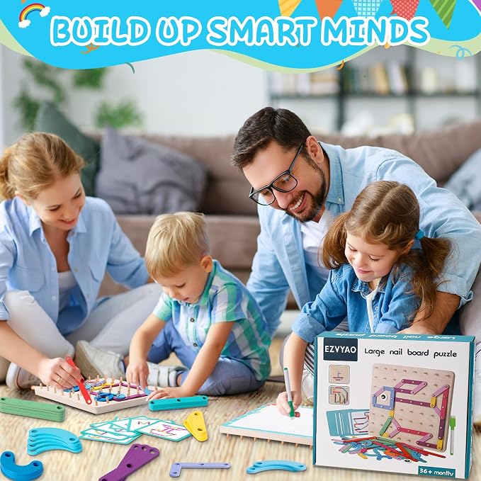 EZVYAO Wooden Montessori Toy for Toddlers, Letter Number Construction Set Pegboard Puzzle Stacking Blocks, Preschool Learning ABC Shape Educational Toys for Kids Boys Girls