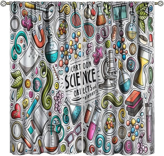 Science Symbols Kids Curtain Sketches Cartoon Chemistry Physics Geometry Education Pattern Print Window Drapes for Bedroom Living Room Kitchen Decor,2 Panel Set,42x45 Inch Decor