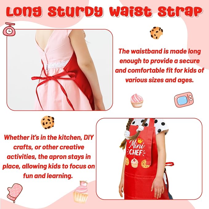 R HORSE 2 Pieces Kid Apron and Chef Hat Set, Dress up Pretend Play Toy | Red Mini Chef Adjustable Children Kitchen Apron with Pockets, Ideal for Cooking, Baking, Painting, Cooking Birthday Gift