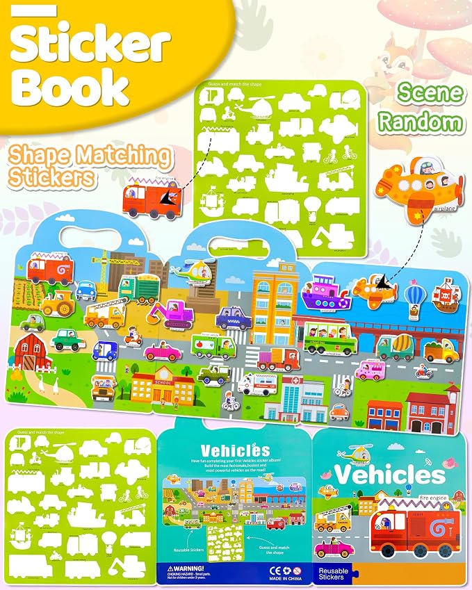 Benresive Reusable Sticker Book for Toddlers, Stickers for Kids, Travel Toy | Toddler Toys, Boys Girls Birthday Gifts, Airplane & Road Trip Essentials Kids, No Mess Waterproof Toddler Crafts Activities