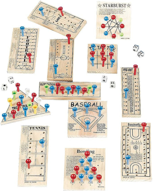 Fun Express Wooden Board Games Set 12 Pack | Classic Travel Games for Kids & Adults, Mini Peg Board Games, Checkers & Tic Tac Toe, Portable for Road Trips & Camping