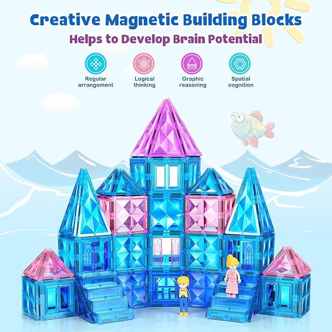 BENOKER Castle Magnetic Tiles STEM 3D Building Blocks Gift for Boys & Girls | Safe ABS plastic with strong magnets. Smooth edges for little hands. 3D castle-building fun. Boosts creativity & motor skills