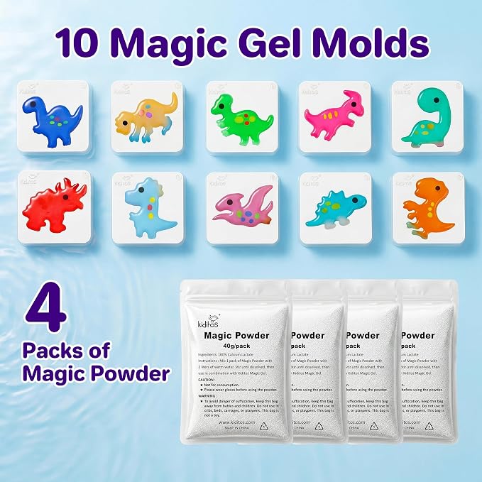 Kiditos Magic Water Elf Toy Kit for Kids, Dinosaur-Themed, DIY Craft Kit | 20 Gels & 10 Molds, Make Your Own Magic Water Pets, STEM Science Activity, Party Favors & Birthday Gifts for Kids Ages 3+
