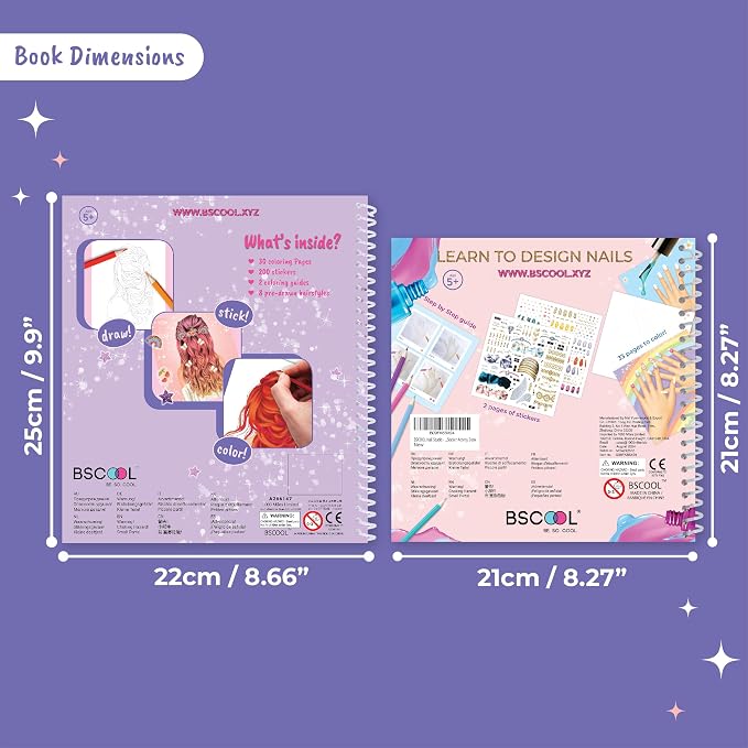 BSCOOL Sticker Book for Girls Hair Design & Nail Art Set. Sticker Book | Includes hairstyle and nail design activity books with guides; a creative birthday gift for kids ages 5 and up