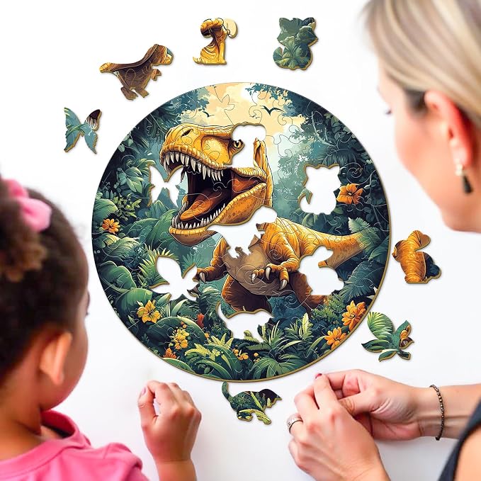 Wooden Puzzles for Kids - Dinosaur Tyrannosaurus Rex | 50 Piece Puzzles for Kids Ages 4-6 - Kids Puzzle with Unique Animal Shapes - Round Puzzles for Boys and Girls (11.4 * 11.4in)