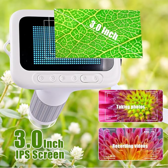 HOMEE 3" Kids Digital Microscope Kit, Portable Handheld Pocket Micro Scope | 1000X Handheld LED Microscope with 12 Slides, Photo & Video, Science Educational Toys Birthday Gifts for Boys and Girls,White