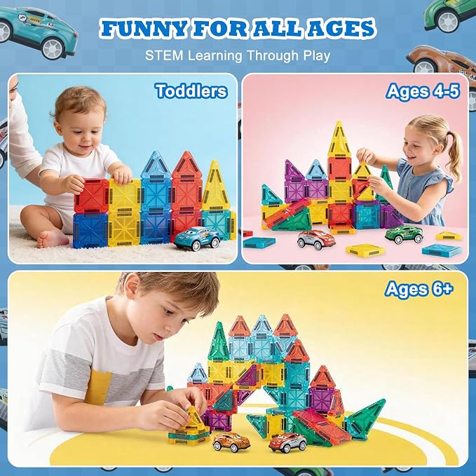 93 PCS Magnetic Tiles Mini Magnetic Building Tiles with Cars, Travel Magnetic Tiles with Storage Bag,STEM Toys for School Acitivities, Ideal Christmas Birthday Gifts for Boys Girls Age 3+ Years Old