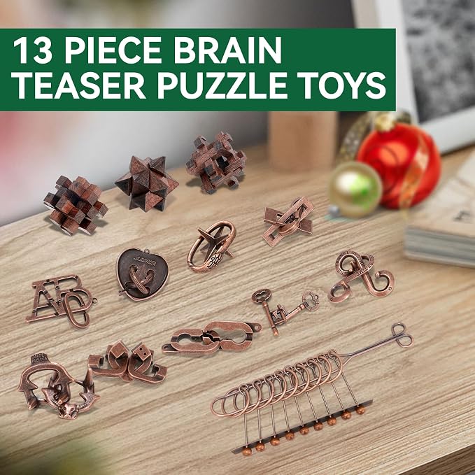 Mytothfy Brain Teaser Puzzles for Adults Teens Kids, 3D Puzzle Game Toys | 13 Pcs Metal & Wooden Unlock Interlocking Puzzle for Adults Teens, IQ Education Smart Toys, Train Family Games Party Favor