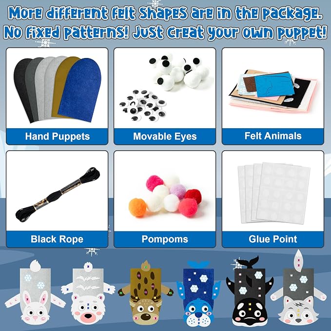 WATINC Hand Puppet Making Kit, Felt Sock Puppet Toys for Kids (Polar A) | 6 Styles, Make Your Own Storytelling & Role Play Crafts, Creative Group Activity, Party Favors & Gifts for Kids Ages 4-8