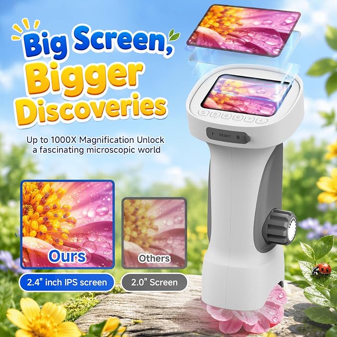 1000X Handheld Digital Microscope for Kids: Explorer 1080P Magnifying Glass | 2.4” IPS Portable Electronic STEM Outdoor Montessori Learning Toy, Birthday Gifts for 4 5 6 7 8-12 Year Old Boys Girls