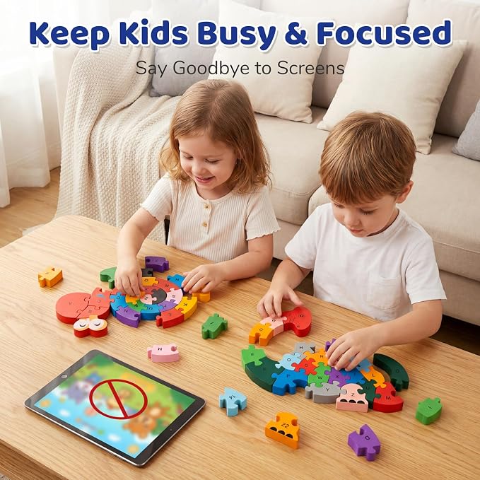 LovesTown Wooden Puzzles, Snail & Dinosaur, Double-Sideld | Alphabet & Number Learning, Montessori Toy, for Kids, Shape Recognition, Fine Motor Skills, Screenless Play