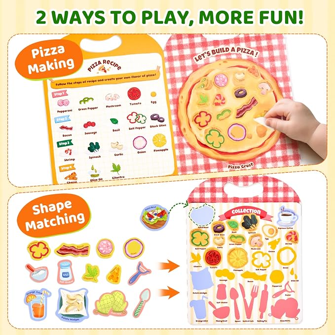 JoyCat Reusable Pizza-Making Sticker Book, Travel Toys for Toddlers & Kids | Washable stickers, kids car activities, airplane toy, road trip fun, toddler activity, birthday gifts for boys and girls