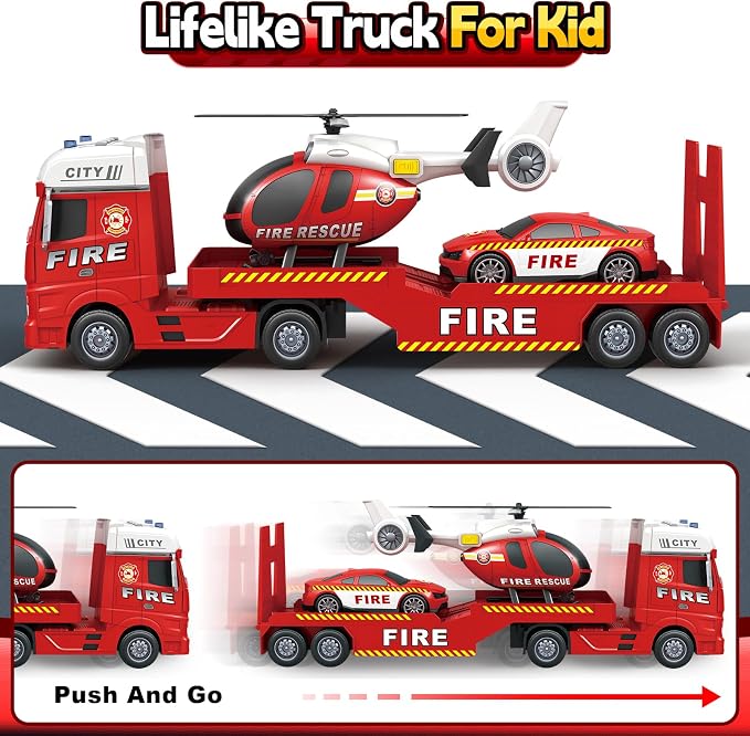 Kids Toys for 3 4 5 6 7 8 Years Old Boys, 25" Fire Truck Toy with Racing Car and Helicopter, Toddler Friction Powered Truck Vehicle Toy with Lights, Sounds for Boys Girls Christmas Birthday Gifts