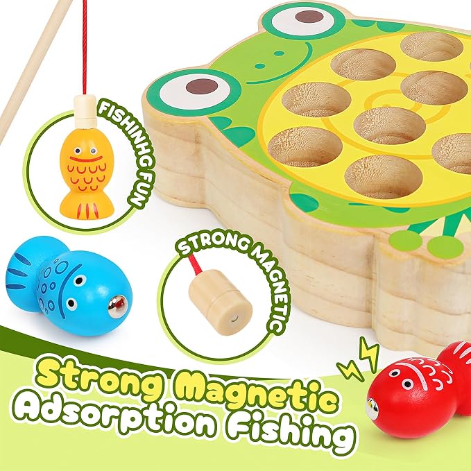 Wooden Fishing Games for Kids 3+,Montessori Magnetic Toys Early Fine Motor Skills Learning Color Sorting & Hand-Eye Coordination Magnet Game Easter Basket Stuffers for Kids Boys Grils